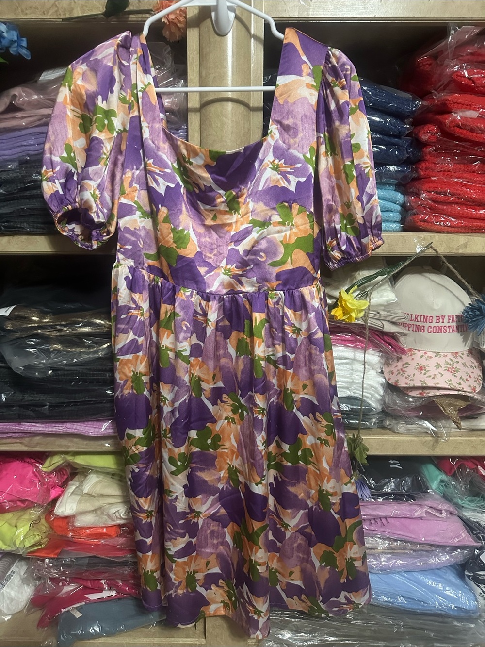 BiBi Lavender and Peach Floral Puff-Sleeve Midi Dress